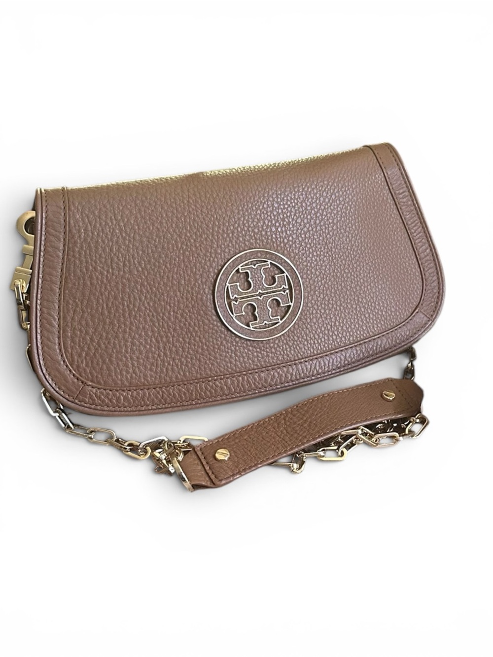 Tory Burch Taupe Pebbled Leather Chain Shoulder Crossbody Bag Dust Bag